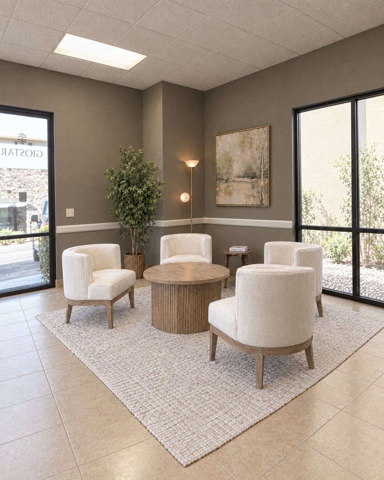 The lobby at GIOSTAR Longevity & Wellness in Henderson, four cream armchairs around a round wood table